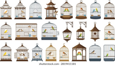 Decorative Bird Cage Collection with Pet Birds Vintage Hanging Aviary Vector Illustration Set