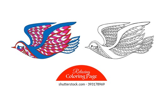 Decorative bird. Coloring book for adult and older children. Coloring page with colored sample. Outline drawing. Vector illustration.