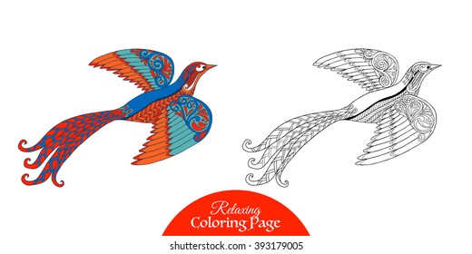 Decorative bird. Coloring book for adult and older children. Coloring page with colored sample. Outline drawing. Vector illustration.