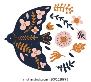 Decorative bird emblem with floral ornament in ethnic style