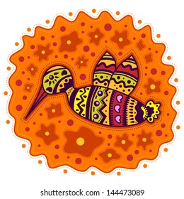 Decorative bird flying on an orange background. Against the background of scattered orange flowers.