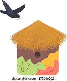 Decorative bird handmade house, home for wildlife character poultry isolated on white, cartoon vector illustration. Cozy blue nesting box, chick flight design outdoor forest birdhouse.