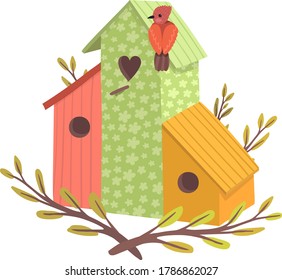 Decorative bird handmade house, home for wildlife character poultry isolated on white, cartoon vector illustration. Cozy blue nesting box, chick flight design outdoor forest birdhouse.