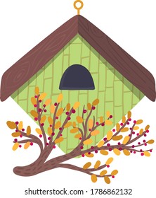 Decorative bird handmade house, home for wildlife character poultry isolated on white, cartoon vector illustration. Cozy blue nesting box, chick flight design outdoor forest birdhouse.