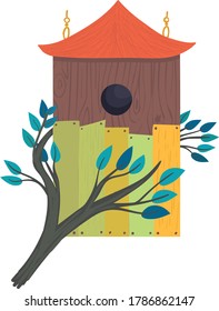 Decorative bird handmade house, home for wildlife character poultry isolated on white, cartoon vector illustration. Cozy blue nesting box, chick flight design outdoor forest birdhouse.