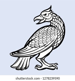 Decorative bird. Medieval gothic style concept art. Design element. Black a nd white drawing isolated on grey background. EPS10 vector illustration