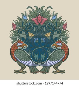 Decorative bird. Medieval gothic style concept art. Design element. Hand drawn image isolated on decorative floral background. EPS10 vector illustration