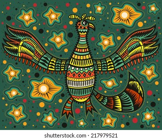Decorative bird on a dark background with bright flowers