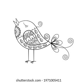 Decorative bird on a white background. Black outline drawing with a doodle pattern. Anti-stress coloring book for children and adults