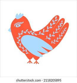 Decorative bird painted. Stylized bird, folk art. Cartoon vector flat style illustration. Isolated on white background
