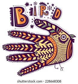 Decorative bird shaped hand. Decorative text at the top Bird