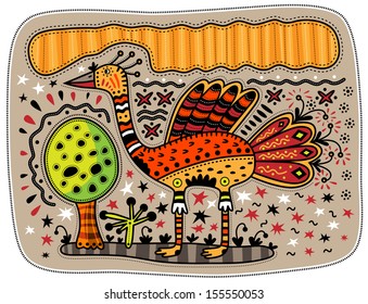 Decorative bird stands in front of a tree. Yellow cloud in the sky.