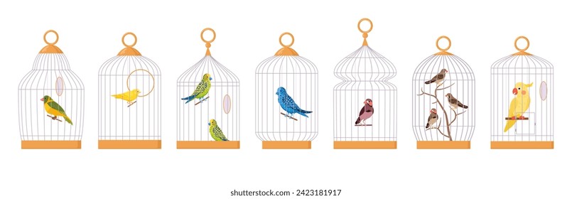 Aves decorativas en jaulas. Jaulas de pájaro exótico doméstico, loro, finca, budgie, canario y una cucaracha linda de ilustración plana vectorial. Aves de caricatura sentadas en jaulas