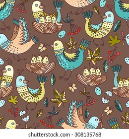 Decorative birds, chicks and fruit seamless background