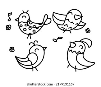 Decorative birds doodle element set of hand drawn outline vector illustrations. Isolated on white background