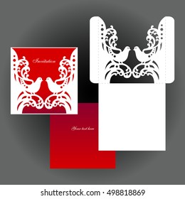 Decorative birds. The envelope. Laser cut template cover. An invitation to the event. Vector stock.