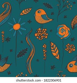 Aves decorativas y flores sin costura. Ilustración del vector