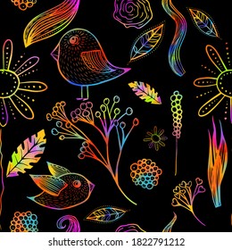 Aves decorativas y flores sin costura. Patrón multicolor. Medios mixtos. Ilustración del vector