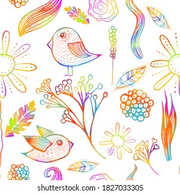 Decorative birds and flowers seamless pattern. Multicolored pattern. Mixed media. Vector illustration