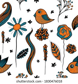 Decorative birds and flowers seamless pattern. Vector illustration