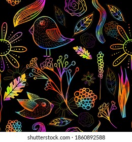 Decorative birds and flowers seamless pattern. Multicolored pattern. Mixed media. Vector illustration