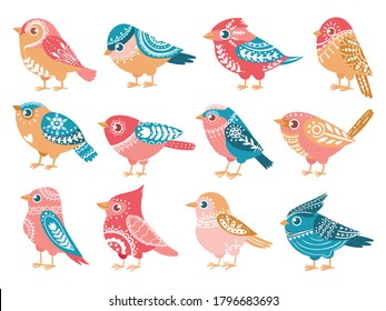 Decorative birds. Hand drawn bird with folk ornaments in scandinavian style trendy ethnic pattern holiday decoration, vector set. Cute colorful songbird with wings with motives isolated