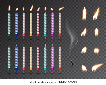Decorative birthday candles realistic mockup set  3D dessert decorations  fire   burnout wick isolated transparent background  Various holiday lights vector illustration  Festive candlelights