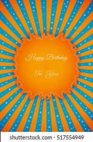 Decorative birthday label in retro star style on striped background. Poster with wishing text: Happy Birthday To You