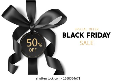 Decorative Black Bow With Circle Price Tag Isolated On White For Black Friday Sale Design. Vector Illustration