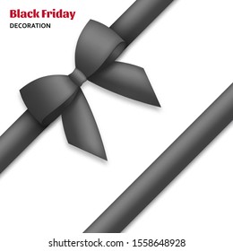 Decorative black bow with dark ribbons. Gift box wrapping and Black Friday decoration. Vector illustration