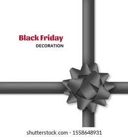 Decorative black bow with dark ribbons. Gift box wrapping and Black Friday decoration. Vector illustration