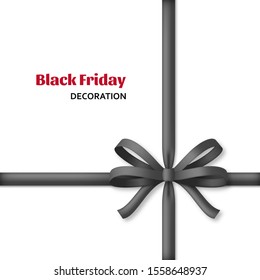 Decorative black bow with dark ribbons. Gift box wrapping and Black Friday decoration. Vector illustration