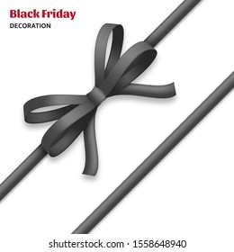 Decorative black bow with dark ribbons. Gift box wrapping and Black Friday decoration. Vector illustration