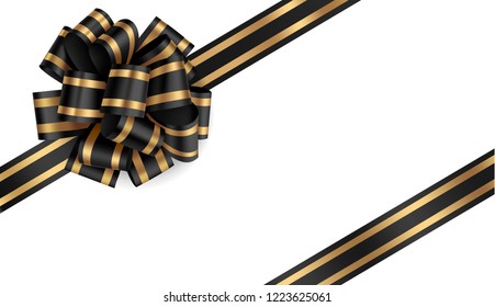 Decorative black bow with diagonally ribbon on the corner. Vector bow for page decor isolated on white background
