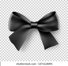 Decorative black bow with ribbon. Elegant silk accessory for female penitentials. Mourning design element isolated on transparent background. Realistic elegant object from silk vector illustration.