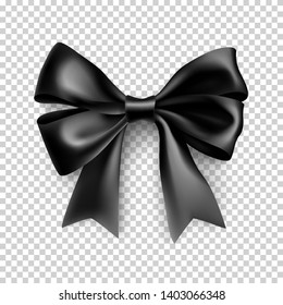 Decorative black bow with ribbon. Elegant silk accessory for female penitentials. Mourning design element isolated on transparent background. Realistic elegant object from silk vector illustration.