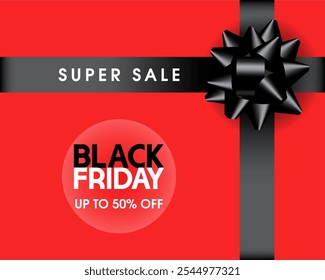 Decorative black bow with ribbons isolated on red backdrop for black friday sale design.Vector illustration.Black Friday Super Sale.
