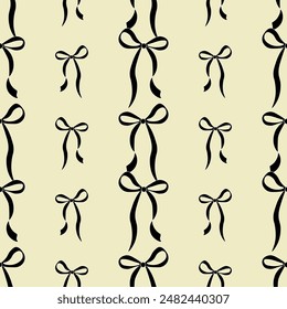 Dekorative schwarze Schleifen nahtloses Muster. Trendiges Design. Netter femininer romantischer Hintergrund für Textil, Bildschirmhintergrund, Verpackung. Vektorillustration