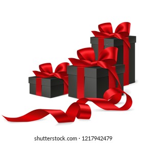 Decorative black boxes with red bow and ribbon on the corner of page for black friday sale design. Vector illustration