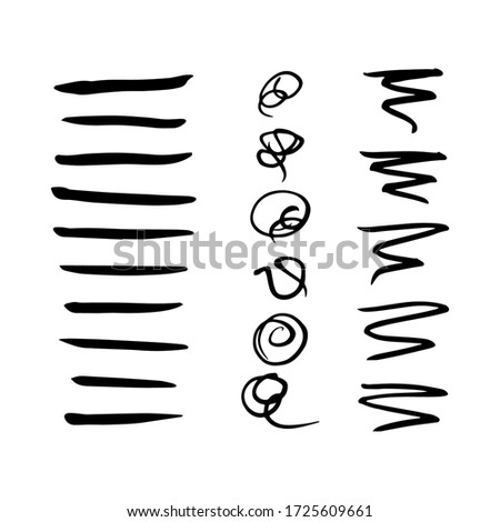 Decorative black brushes on a white isolated background. Set of vector brush strokes. Hand-drawn lines for design. Doodle elements.