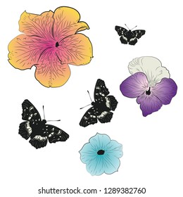 Decorative black butterfly with petunia flower illustration.