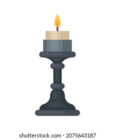 Decorative black candlestick with burning candle isolated on white background