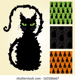 decorative black cat and 3 seamless patterns, design elements