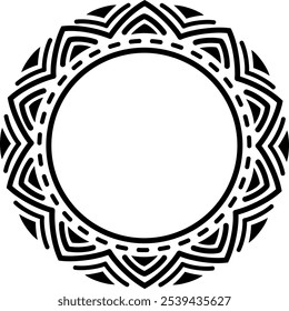 A decorative black circular mandala frame with a geometric tribal-inspired pattern featuring repeating angular shapes and dashed lines arranged in a symmetrical mandala-like design.