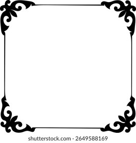 A decorative black corner flourish with elegant swirls and leaf-like shapes, forming a square frame. This ornate design is isolated on a clean white background, perfect for adding a vintage or classic