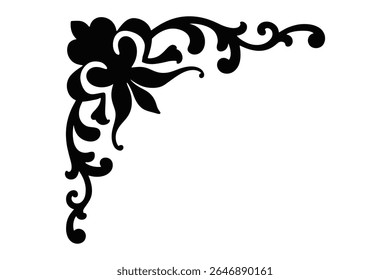 Decorative black corner flourish with ornate swirling leaves and floral elements, elegant motif vintage or classic design designs and borders

