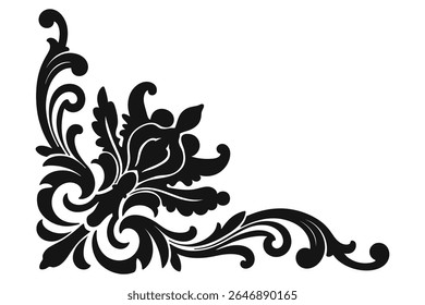 Decorative black corner flourish with ornate swirling leaves and floral elements, elegant motif vintage or classic design designs and borders


