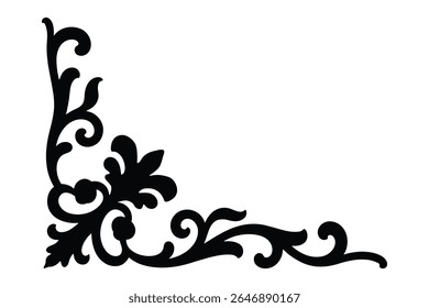 Decorative black corner flourish with ornate swirling leaves and floral elements, elegant motif vintage or classic design designs and borders

