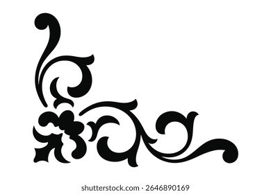 Decorative black corner flourish with ornate swirling leaves and floral elements, elegant motif vintage or classic design designs and borders


