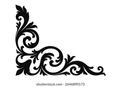 Decorative black corner flourish with ornate swirling leaves and floral elements, elegant motif vintage or classic design designs and borders

